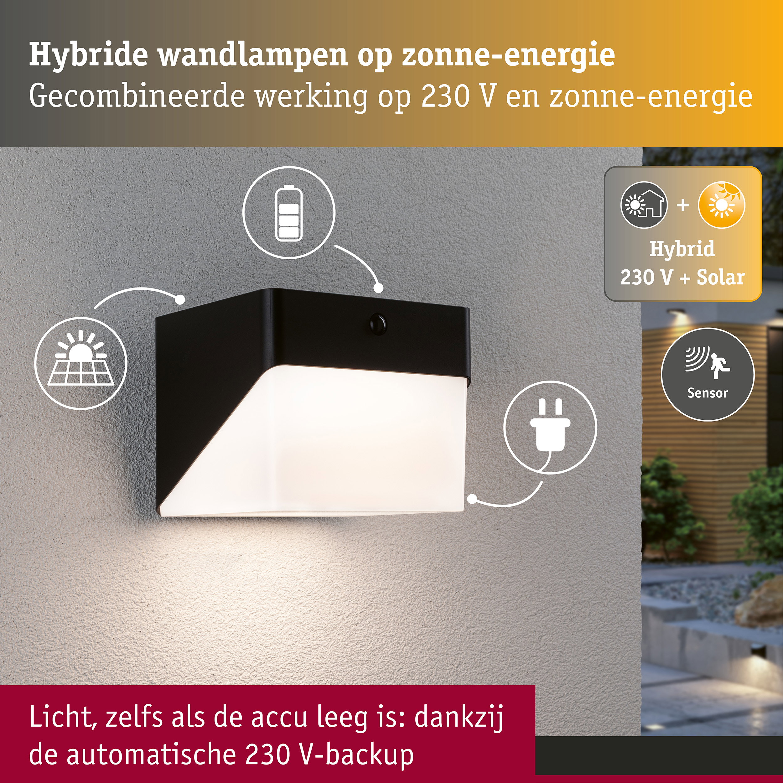 Hybrid LED-wandarmatuur voor buiten Lioren House 230V + Solar IP44 hoekig 170x170mm 3000K 2,3W 230lm 230V Zwart