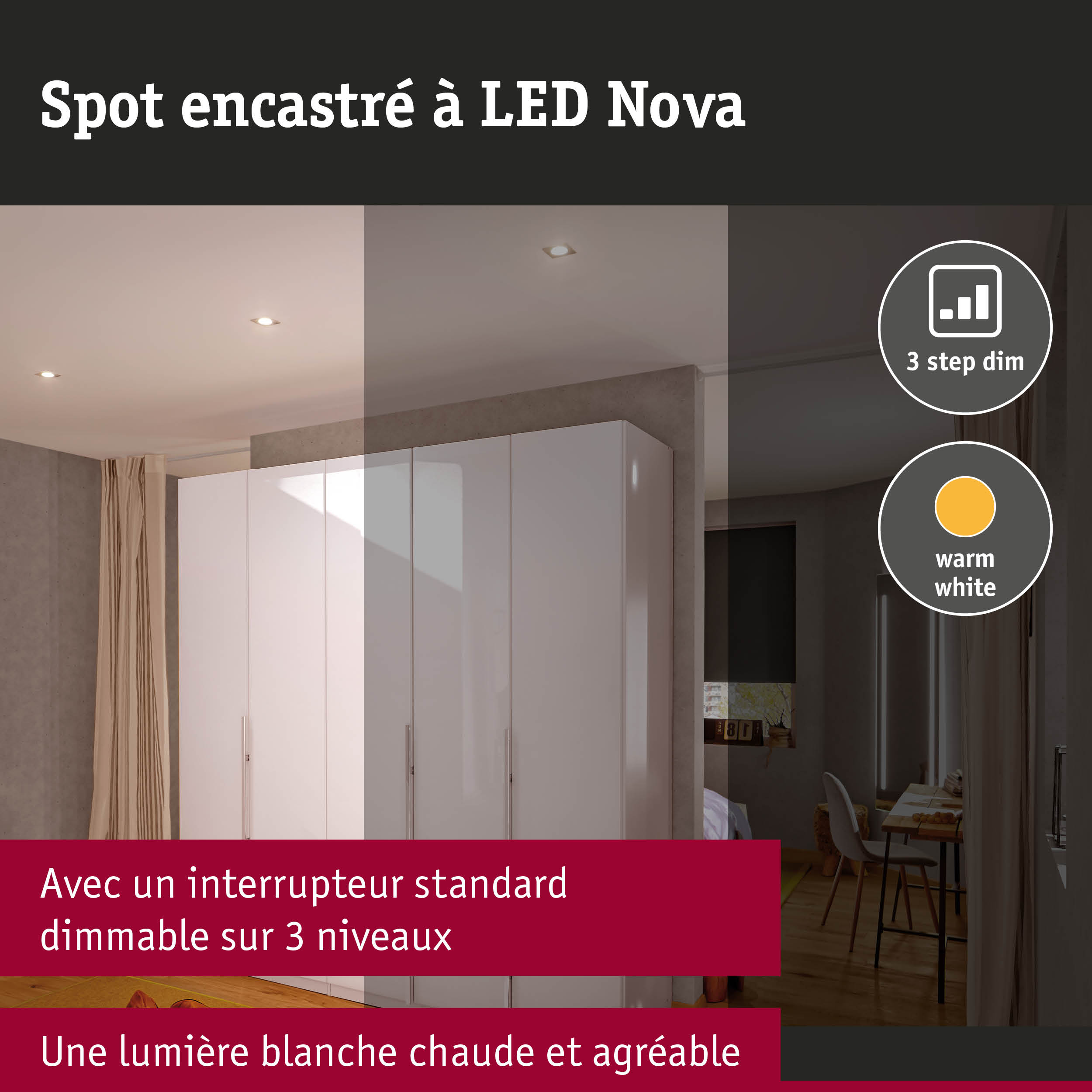 Spot encastré LED 3-Step-Dim Nova Kit de base orientable carré 84x84mm 50° GU10 3x6,5W 3x460lm 230V gradable 2700K Alu tourné