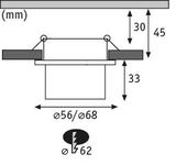 Technische tekening van inbouwspot met 68 mm diameter en 45 mm inbouwdiepte