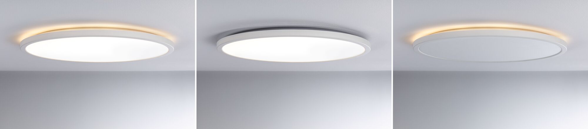 Tre hvide runde LED-loftslamper med varmt og neutralt hvidt lys til moderne rumbelysning