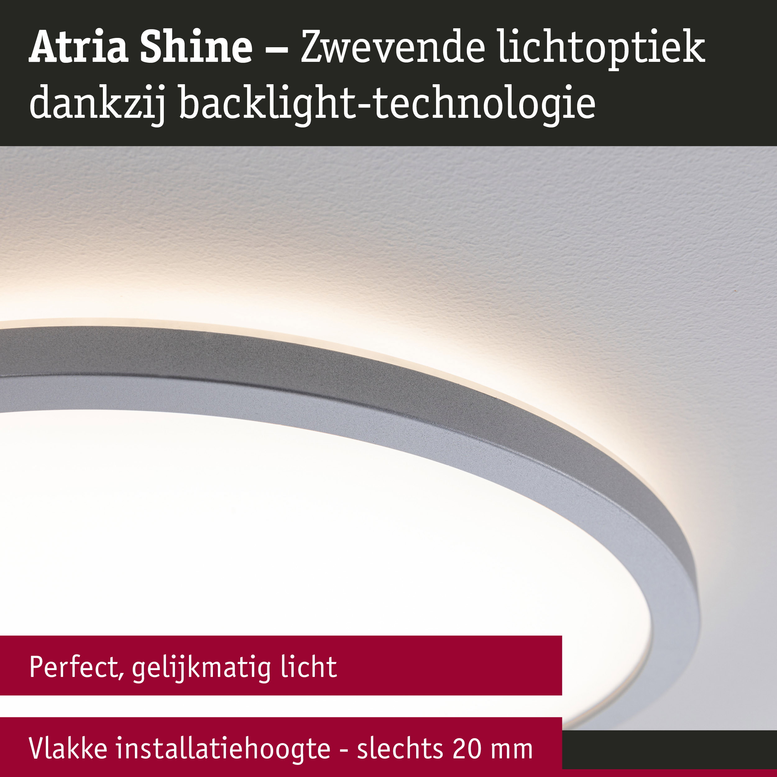 Grijze Atria Shine LED-plafondlamp met backlight-technologie voor gelijkmatig licht