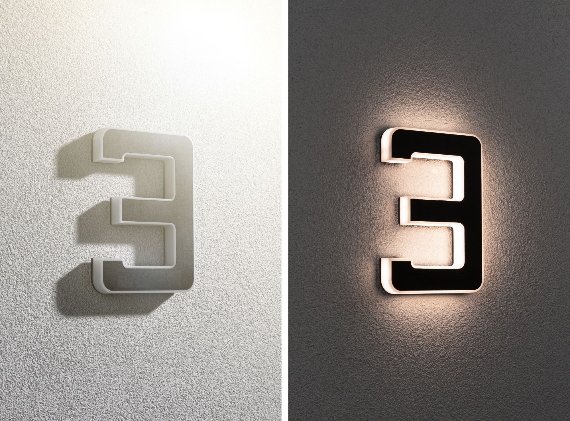 Modern LED wall light shaped as number 3 in black and white plastic with indirect lighting effect.