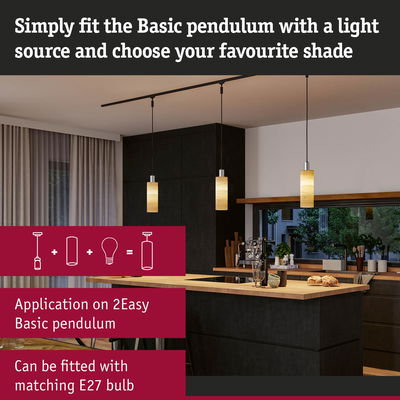 Modern kitchen with three hanging Basic Pendulum wooden shades fitted with E27 bulbs for ambient lighting