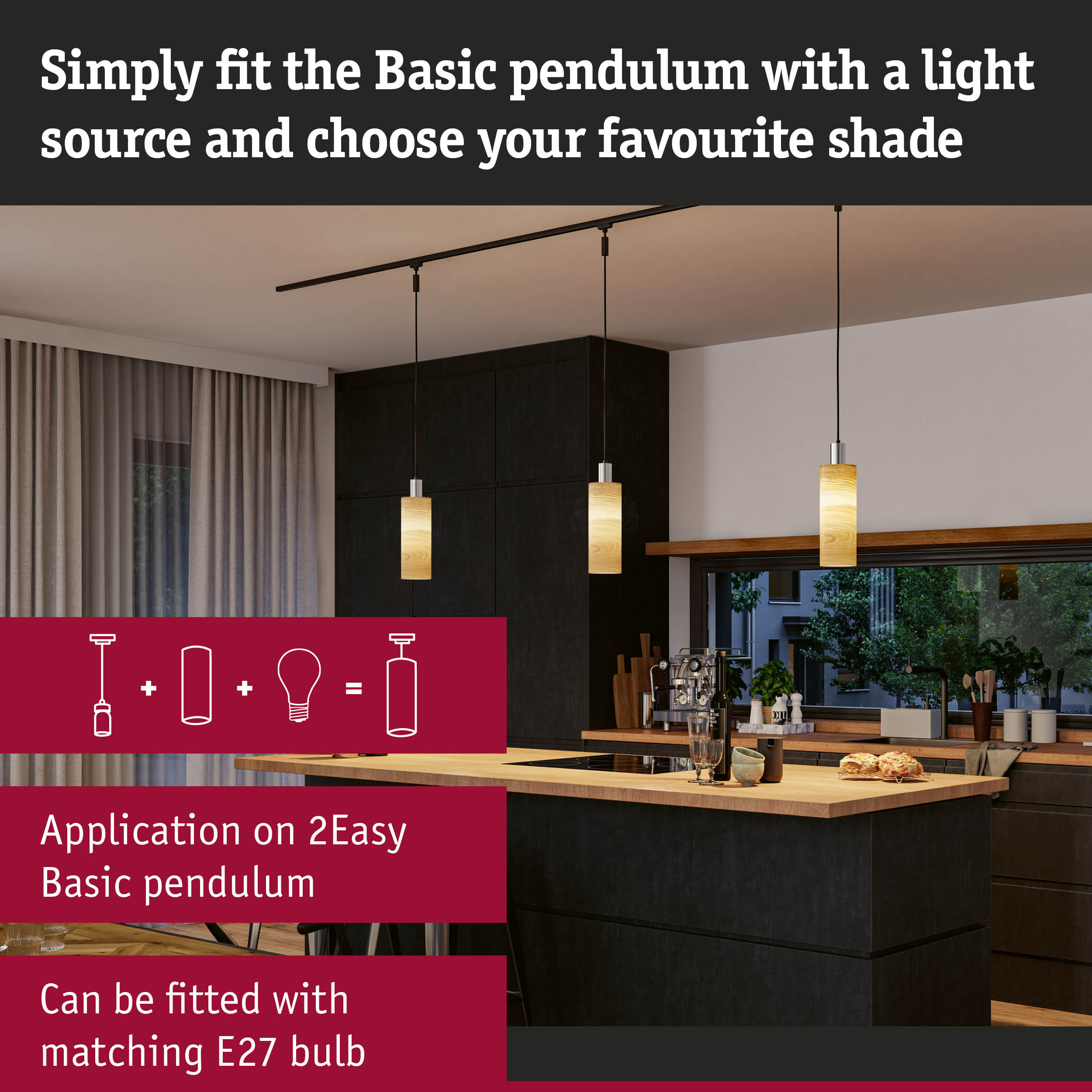 Modern wooden-effect pendant lights with metal in kitchen, dimmable E27 bulb, Basic Pendulum lighting