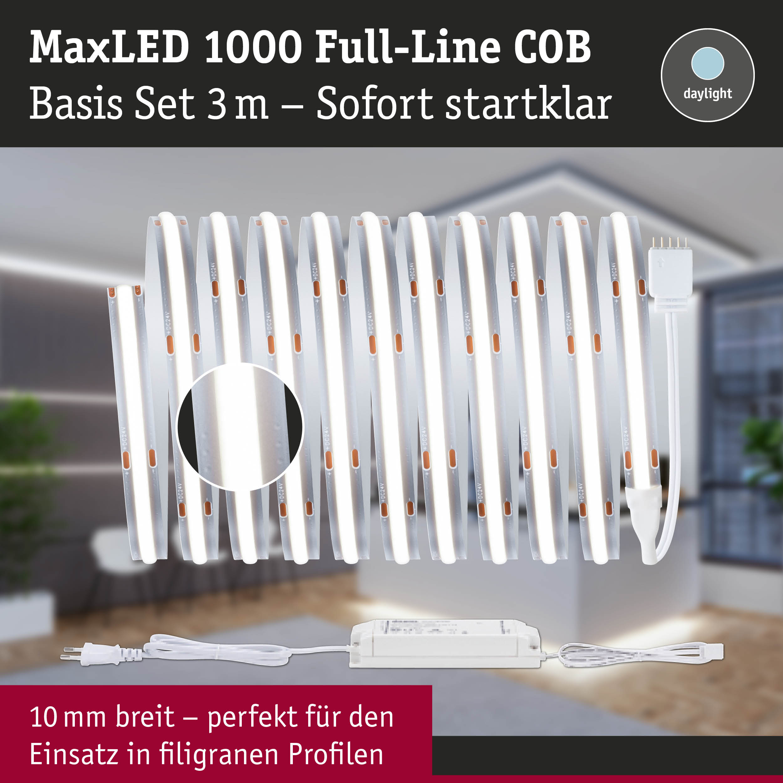MaxLED 1000 Full-Line COB LED-Lichtband 3 m in Weiß mit Netzteil für filigrane Profile