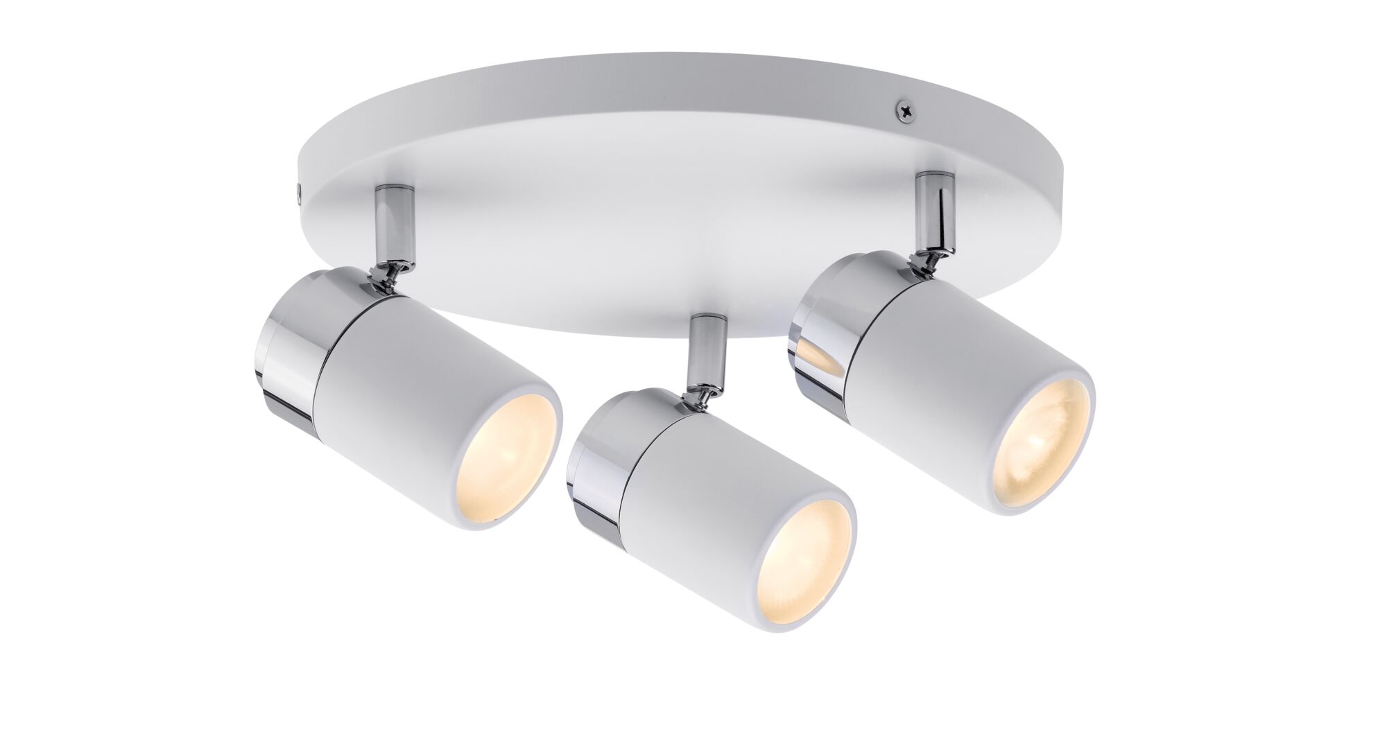 Three-light ceiling spotlight in white metal with chrome accents for modern indoor lighting