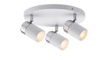 Spot plafond triple en métal blanc avec détails chromés pour un éclairage intérieur moderne