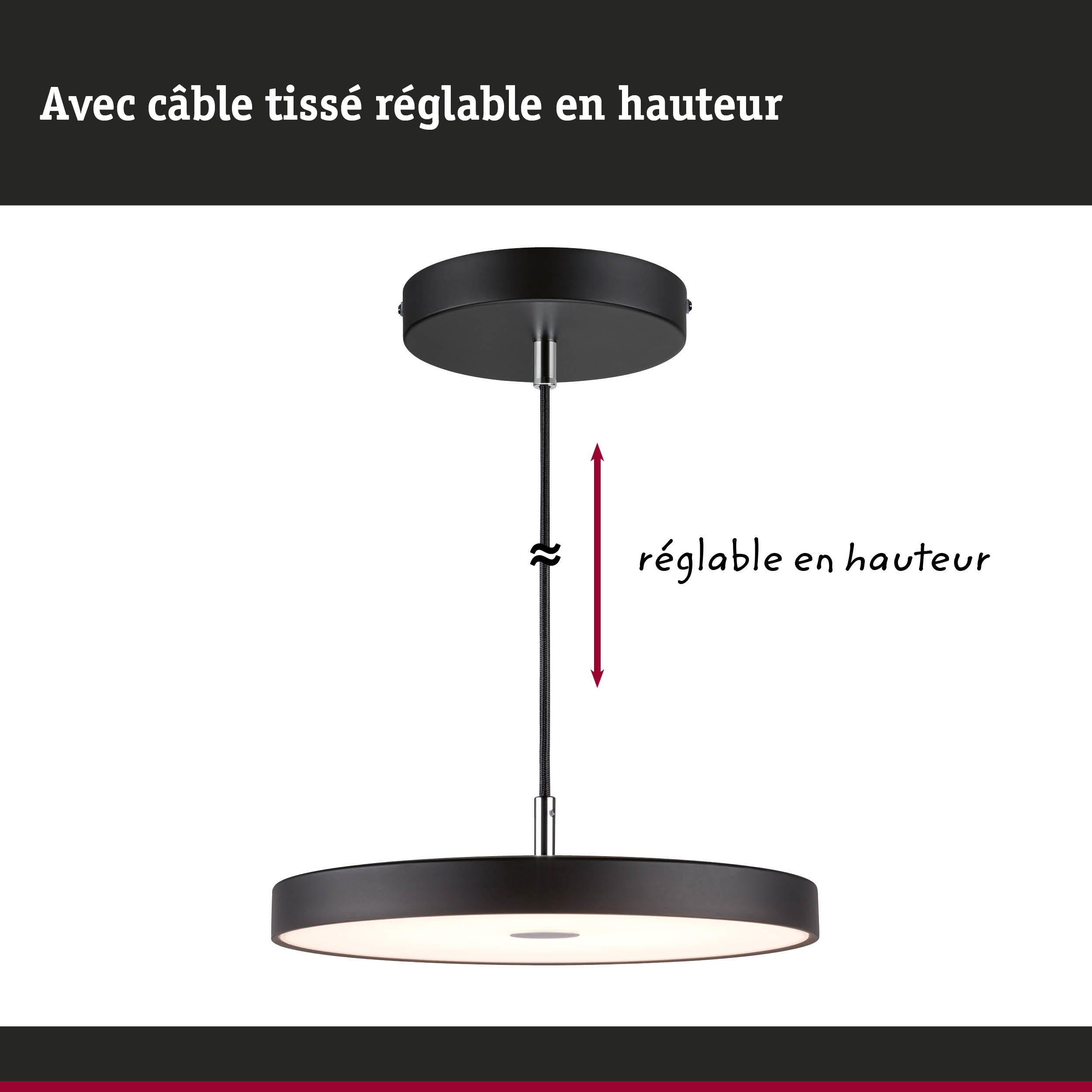 Suspension LED ronde noire avec câble tissé réglable en hauteur pour éclairage intérieur moderne