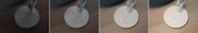 Four images of white round LED table lamp base with touch control on wooden surface showing different brightness levels
