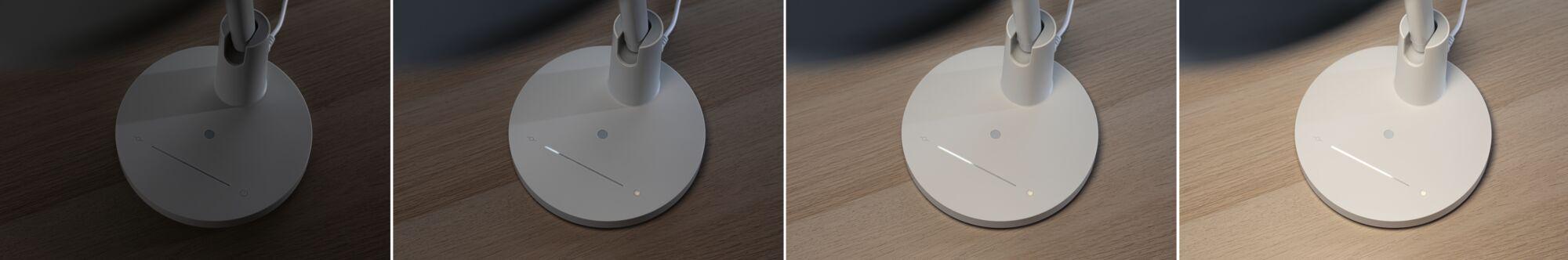 Four images of white round LED table lamp base with touch control on wooden surface showing different brightness levels