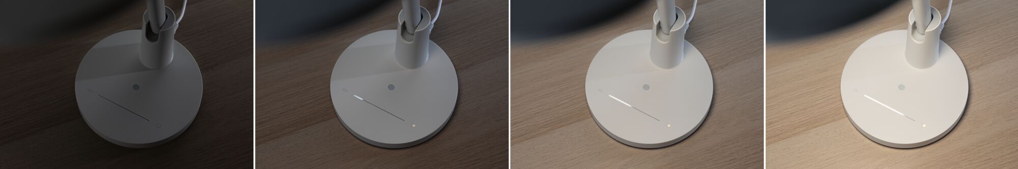 Vier afbeeldingen van een witte ronde LED-tafellampvoet met touchbediening op houten oppervlak in verschillende helderheidsniveaus