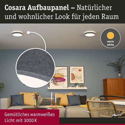 Cosara Aufbaupanel mit grauem Stoffrand und warmweißem Licht für gemütliche Wohnräume