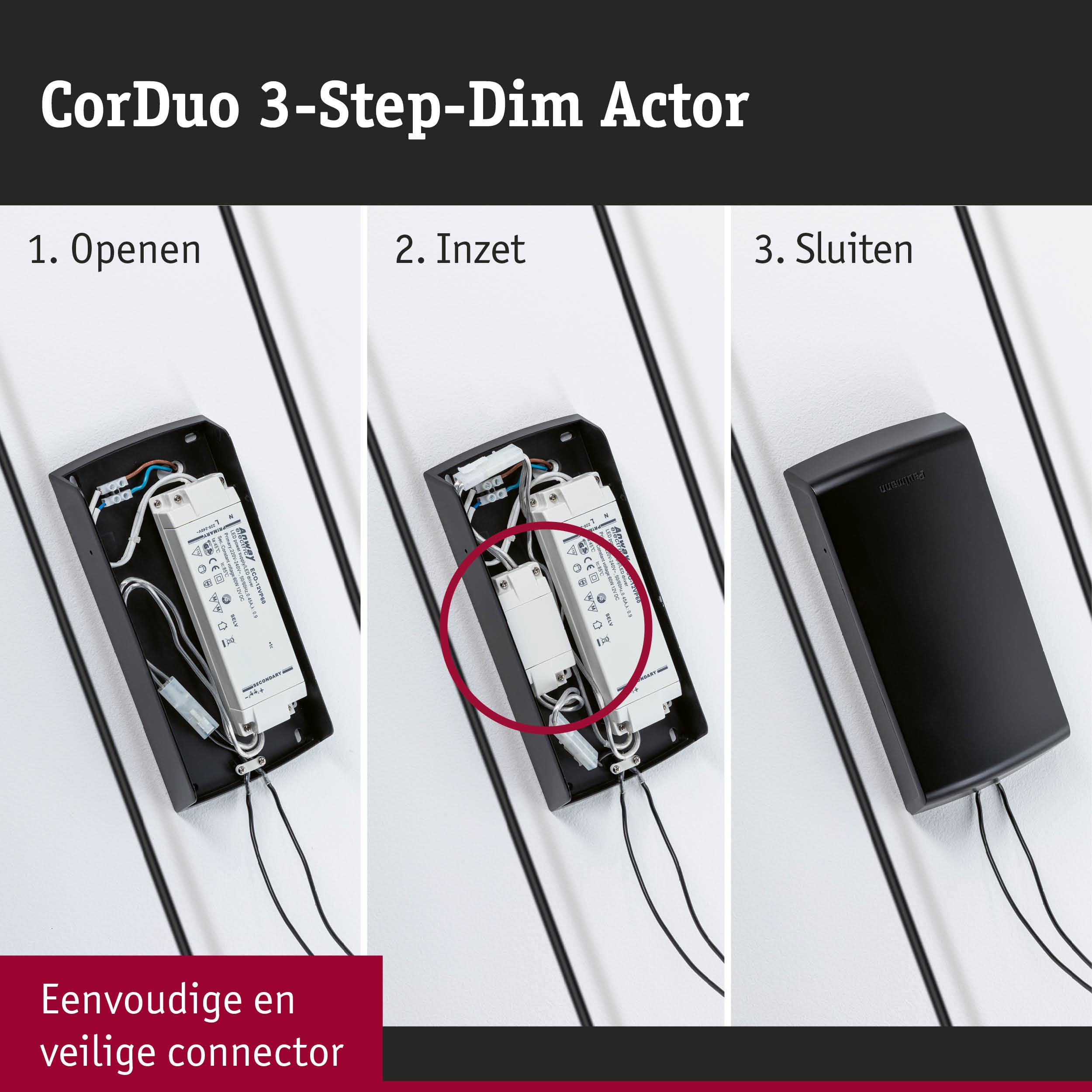 CorDuo 3-staps dimmer Actor met zwarte behuizing en eenvoudige, veilige connector installatie