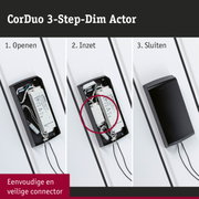 Stapsgewijze handleiding voor het aansluiten van CorDuo 3-Step-Dim Actor met zwarte behuizing en veilige connector