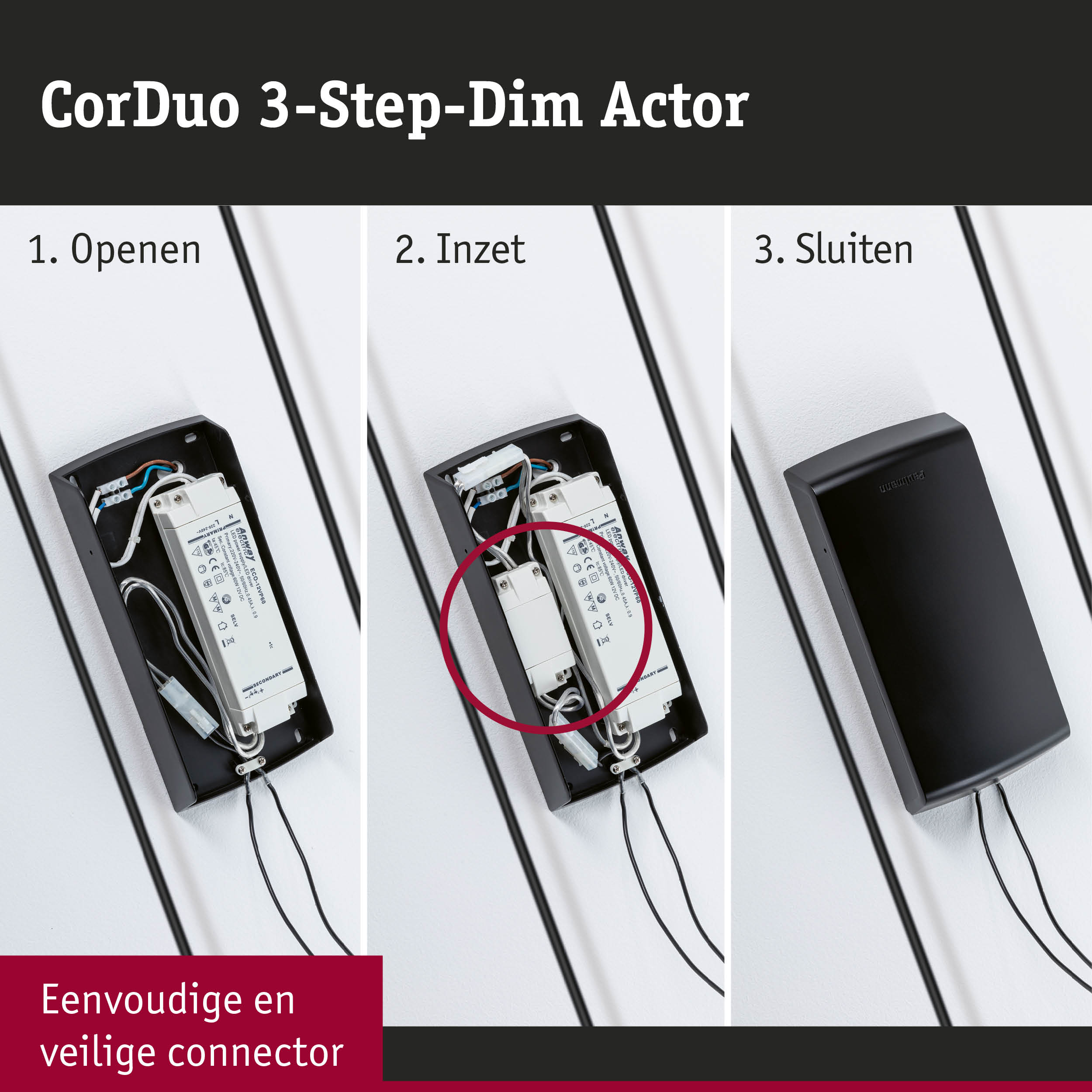 Stapsgewijze handleiding voor het aansluiten van CorDuo 3-Step-Dim Actor met zwarte behuizing en veilige connector