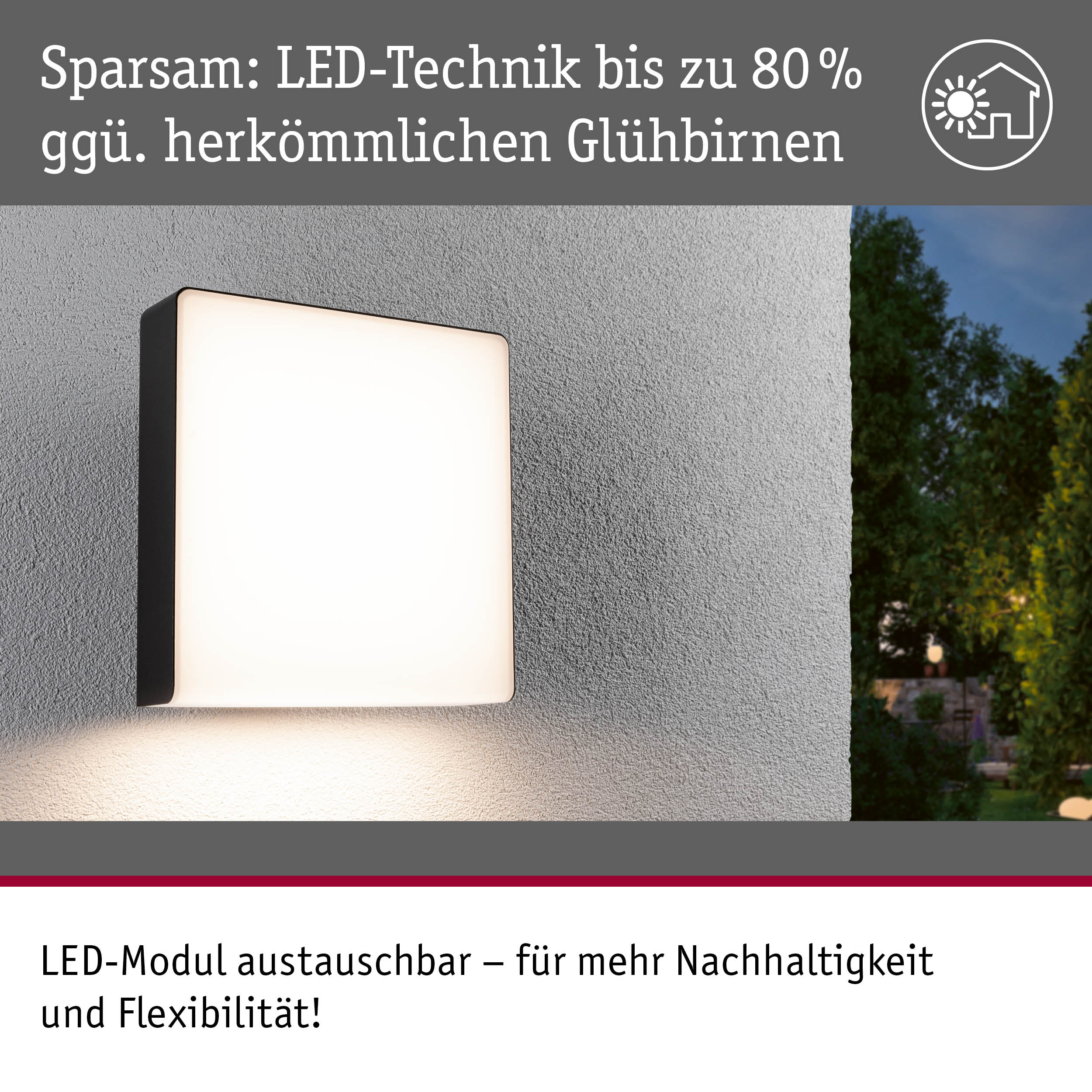 Modernes quadratisches LED-Wandlicht in Schwarz mit energiesparender Technik und austauschbarem Modul