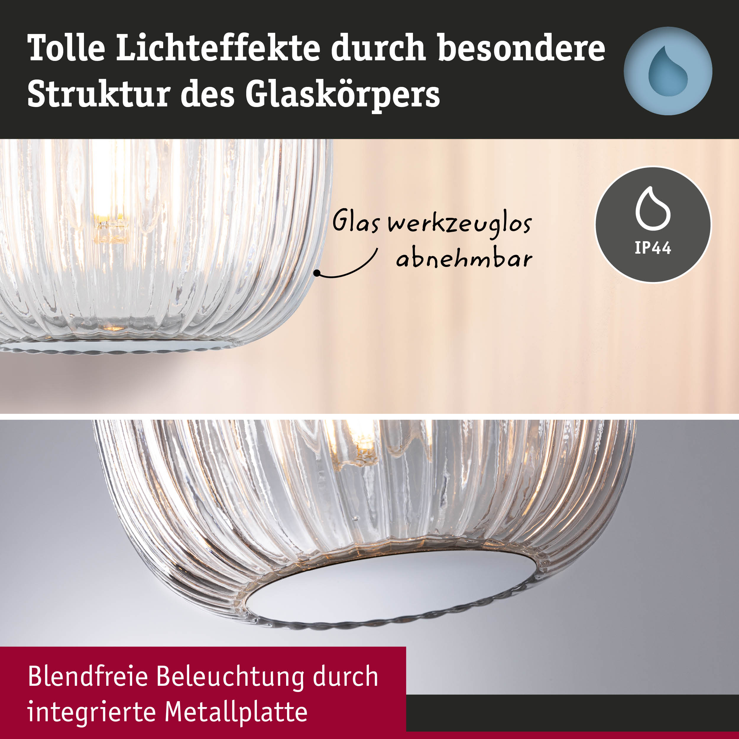 Glas-Deckenleuchte mit strukturierter Oberfläche und werkzeuglos abnehmbarem Glas, IP44 Schutz