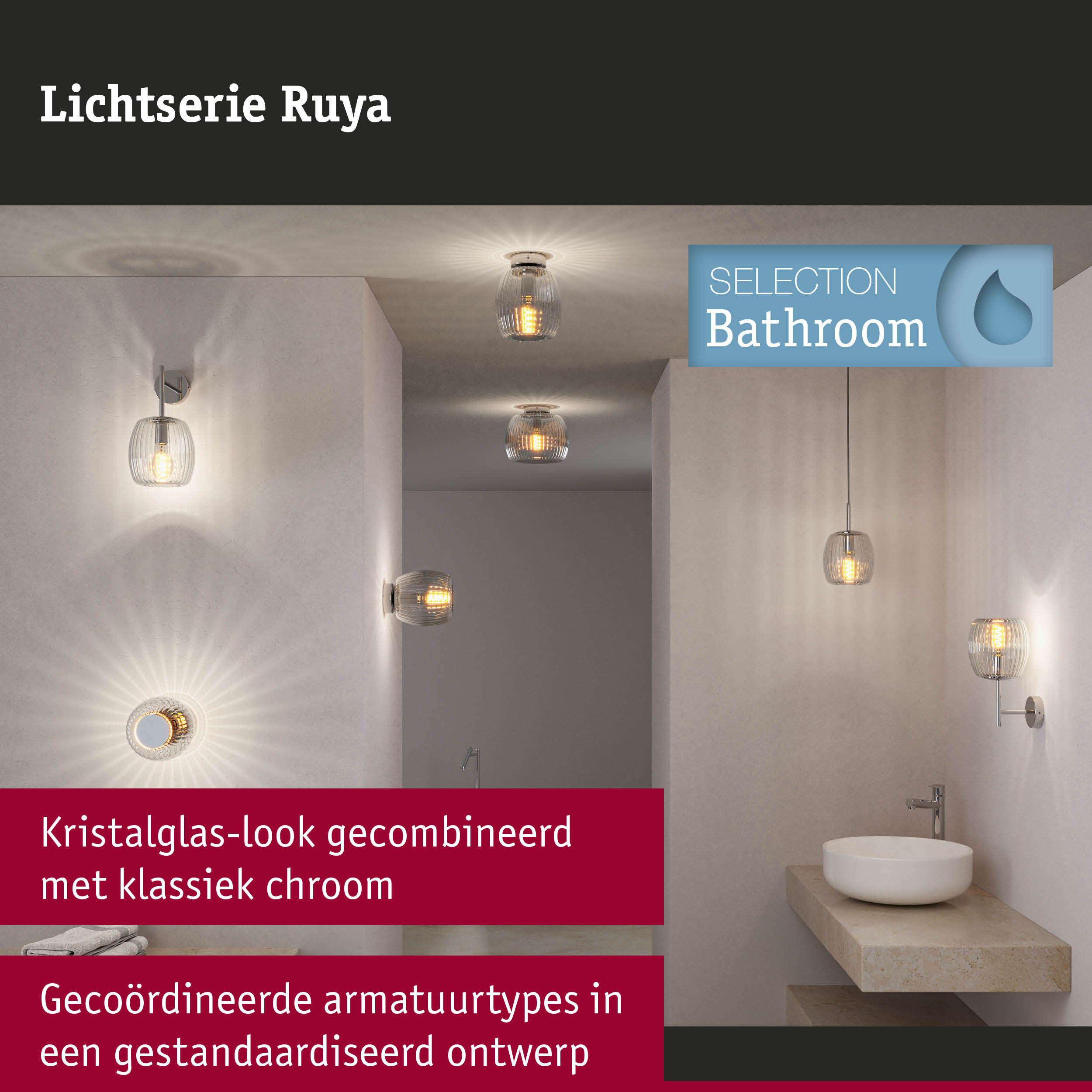 Ruya lichtserie met kristalglas en klassiek chroom voor stijlvolle badkamerverlichting