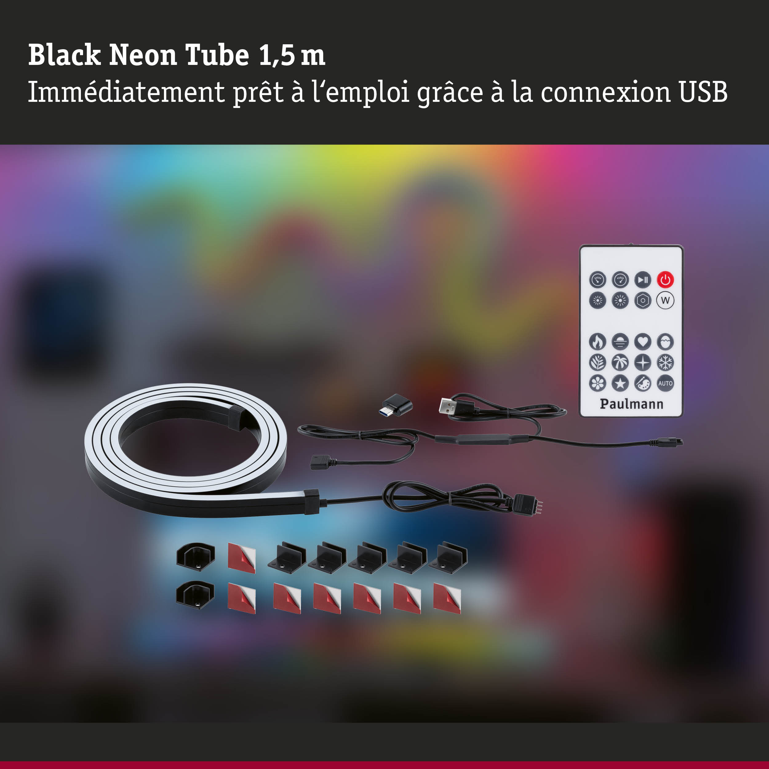 Tube néon noir 1,5 m avec connexion USB, télécommande et accessoires de montage pour éclairage LED