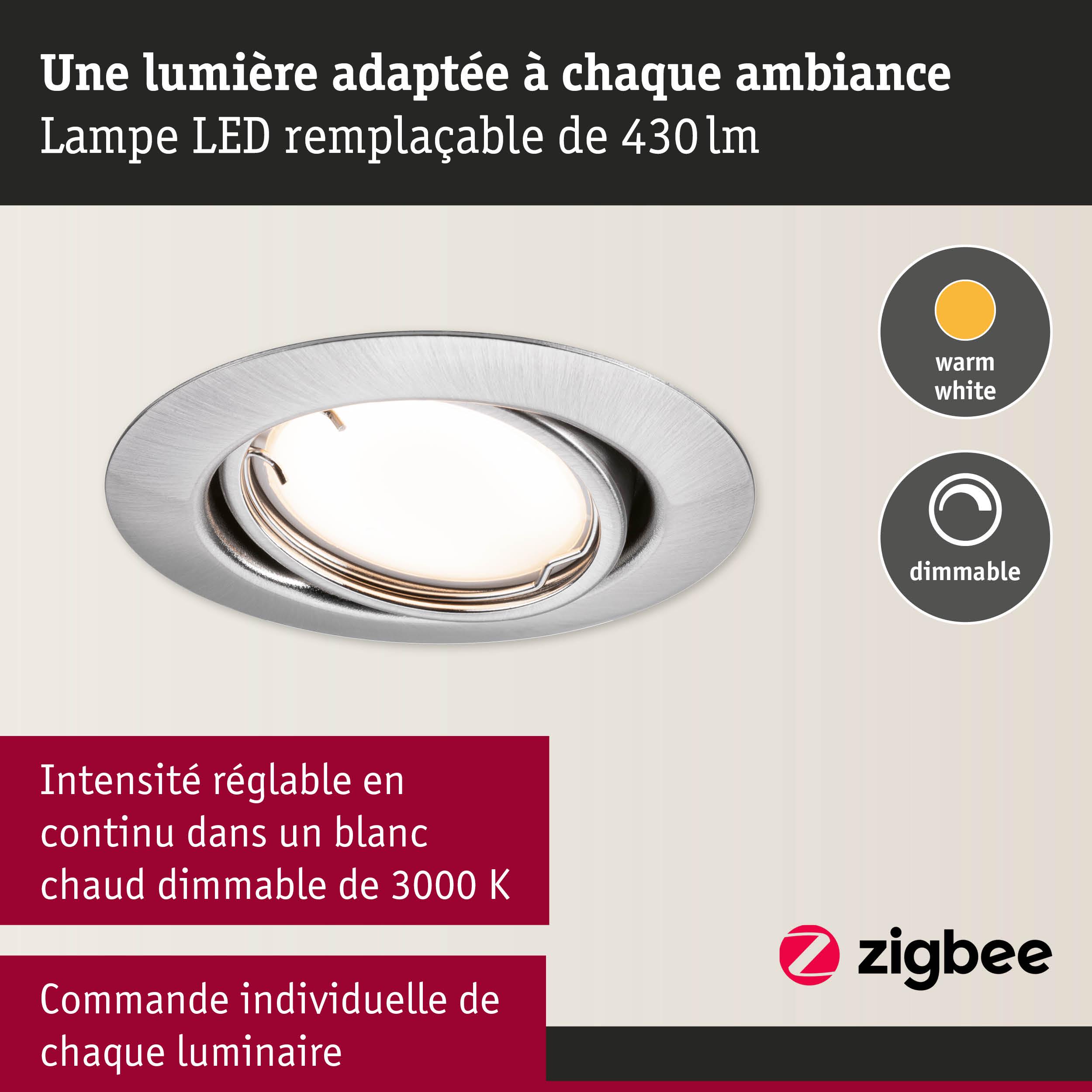 Spot LED encastrable dimmable en aluminium brossé avec lumière blanc chaud et commande Zigbee