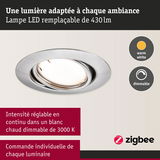 Spot LED encastrable dimmable en aluminium brossé avec lumière blanc chaud et commande Zigbee