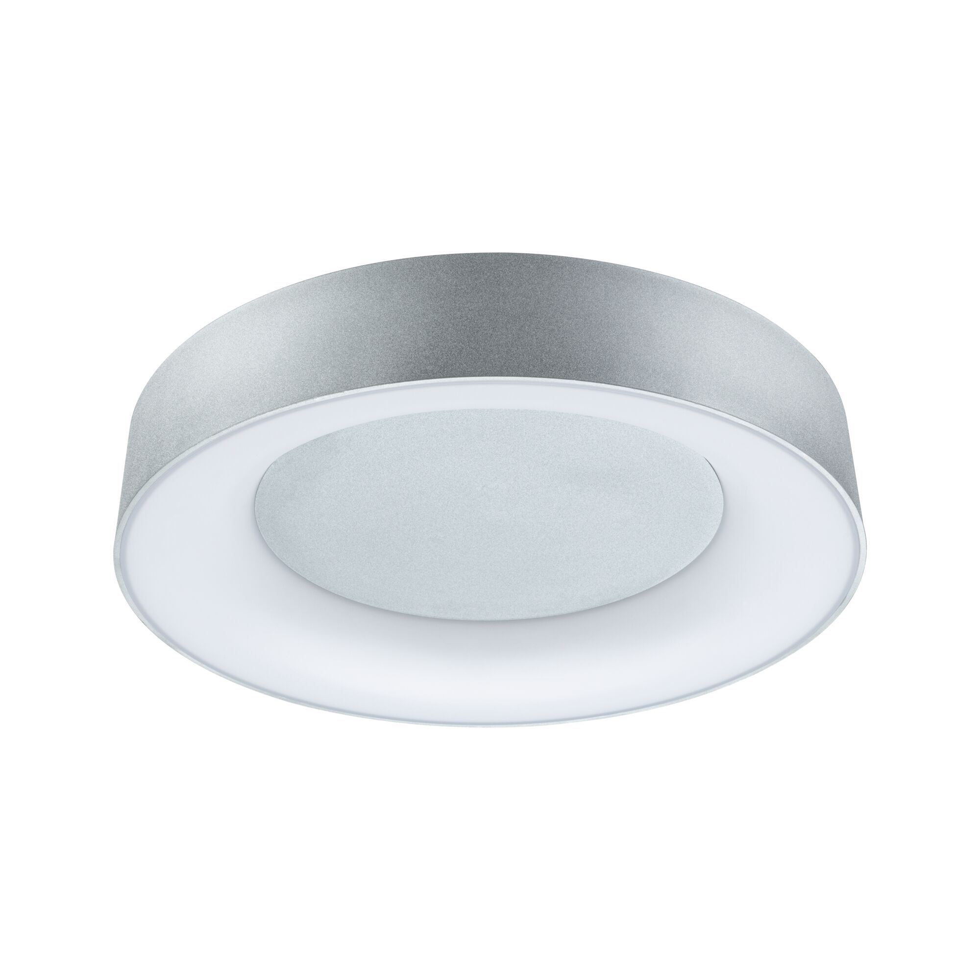 Runde Deckenleuchte aus silbernem Metall mit weißem Diffusor für modernes Raumlicht
