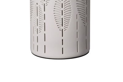 White ceramic lampshade with delicate vertical cut-out patterns for decorative LED lighting