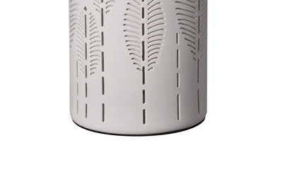White ceramic lampshade with delicate vertical cut-out patterns for decorative LED lighting