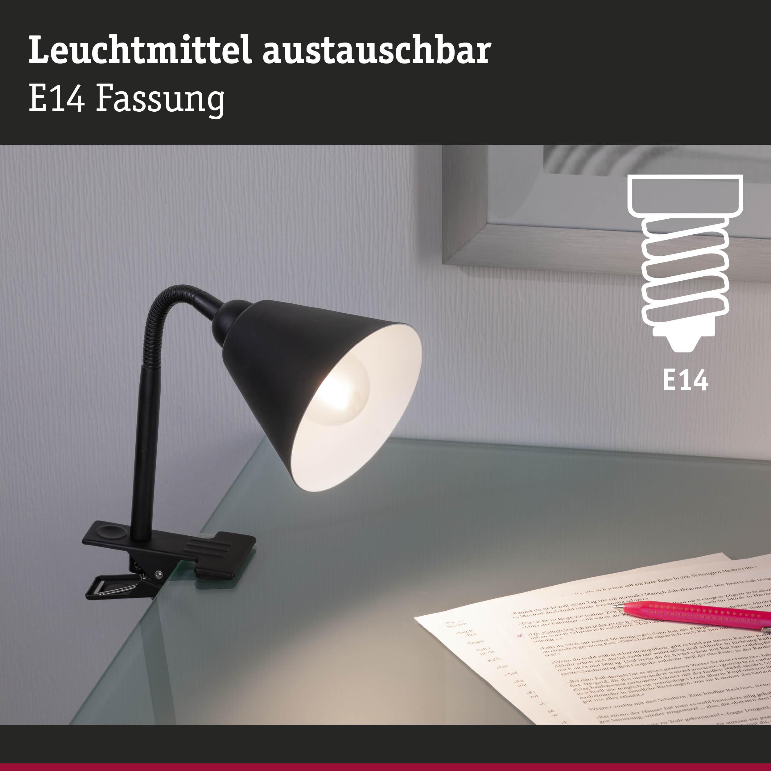Schwarze Klemmlampe mit flexiblem Hals und austauschbarem E14 Leuchtmittel für Schreibtischbeleuchtung
