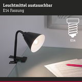 Schwarze Klemmlampe mit flexiblem Hals und austauschbarem E14 Leuchtmittel für Schreibtischbeleuchtung