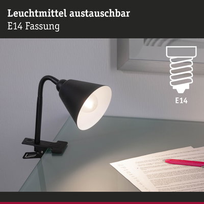 Schwarze Klemmlampe mit flexiblem Hals und austauschbarem E14 Leuchtmittel für Schreibtischbeleuchtung