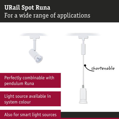 White URail Spot Runa spotlight with shorten cable pendant for flexible LED track lighting