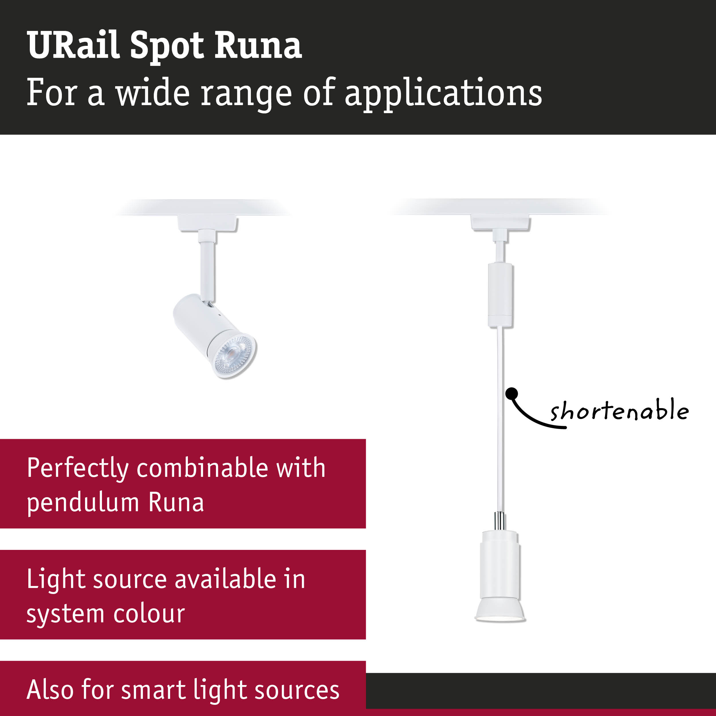 White URail Spot Runa spotlight with shorten cable for versatile lighting applications