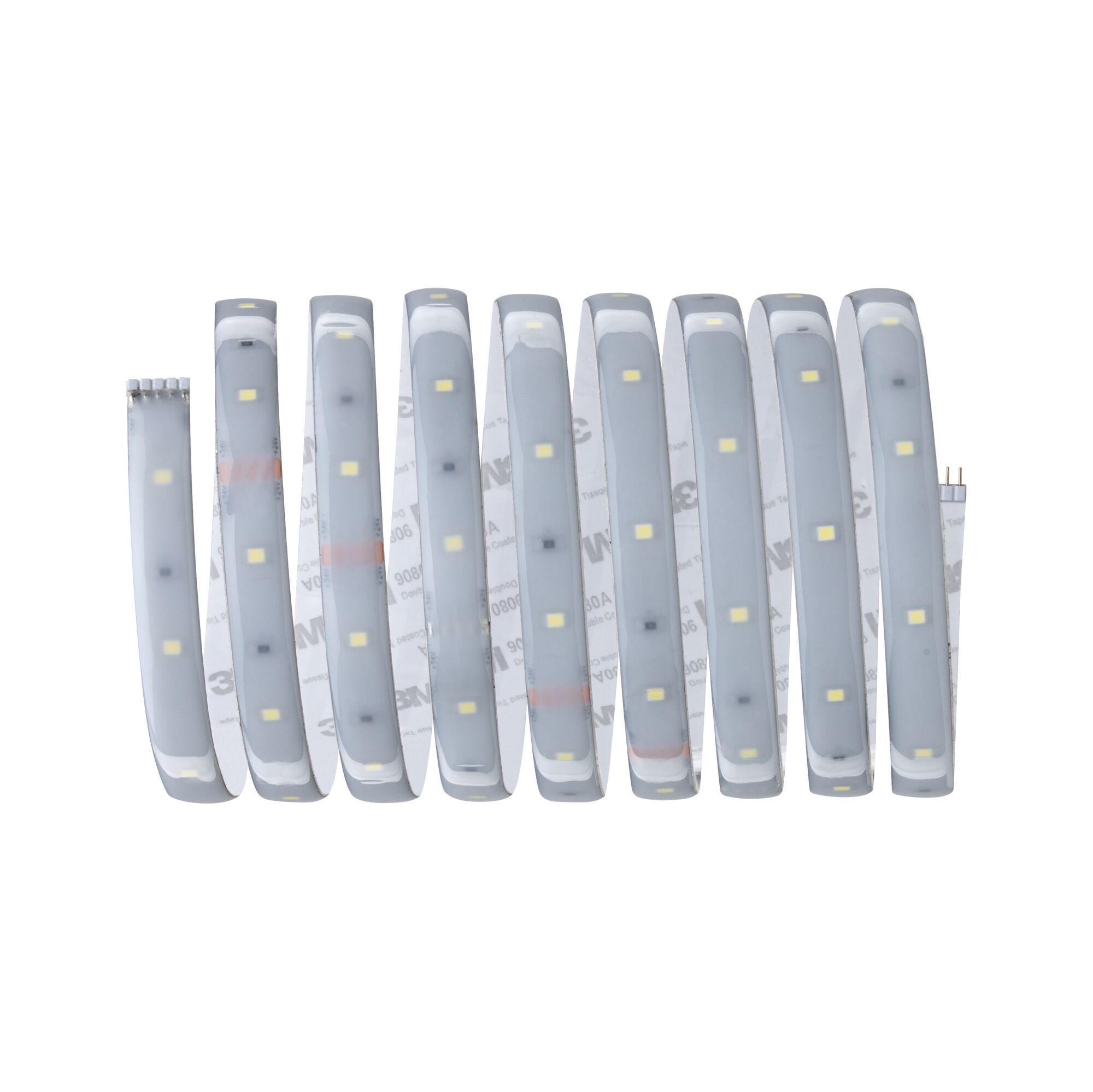 Flexible LED strip with white LEDs and adhesive backing for versatile lighting applications