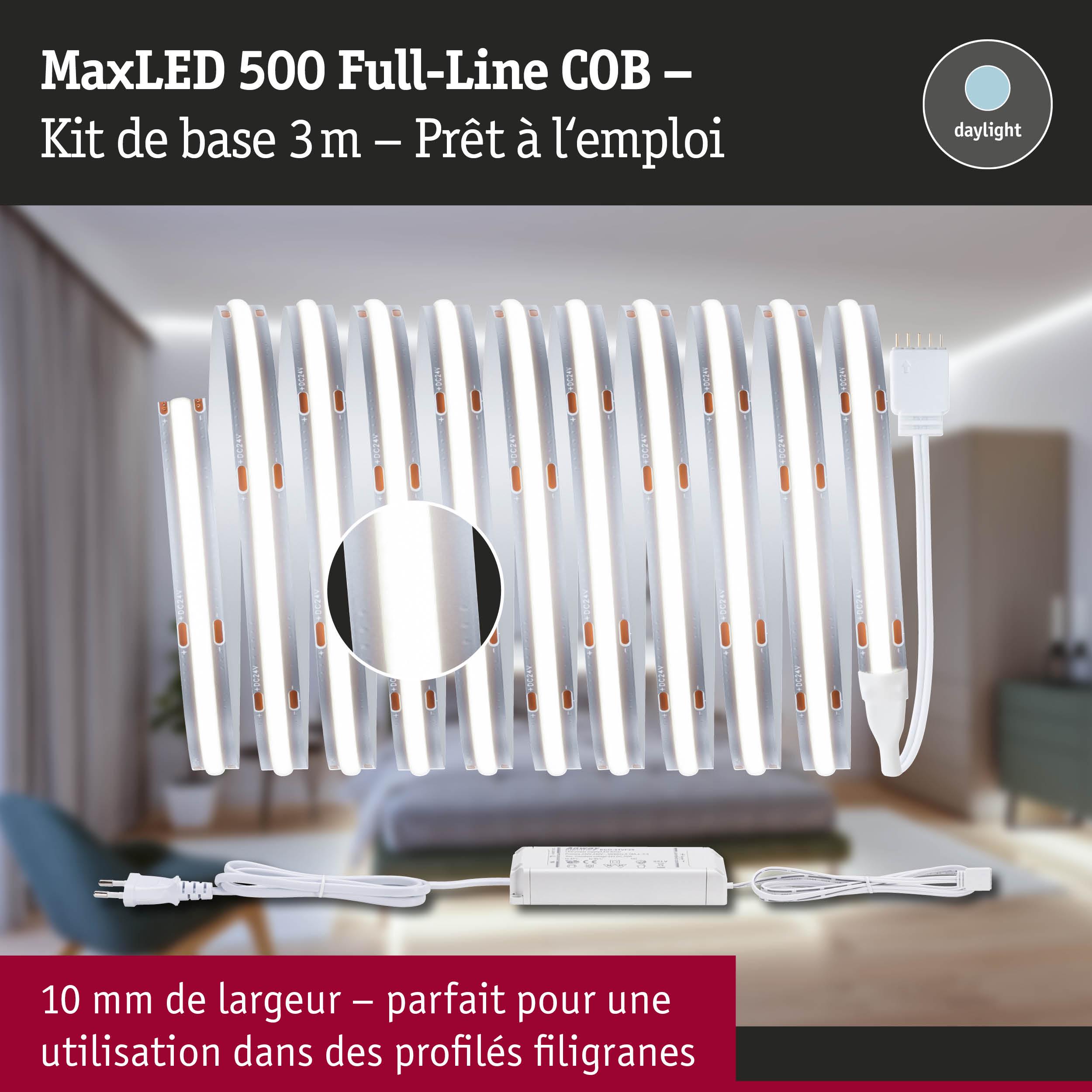 Bande LED MaxLED 500 Full-Line COB 3m blanche avec alimentation, idéale pour profils fins