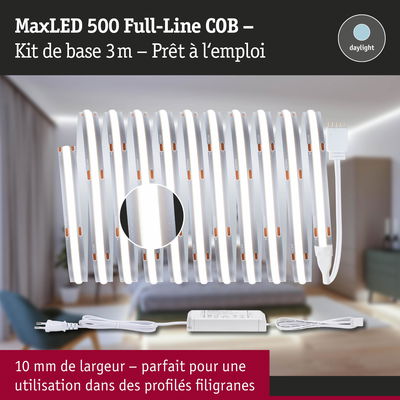 Bande LED MaxLED 500 Full-Line COB 3m blanche avec alimentation, idéale pour profils fins