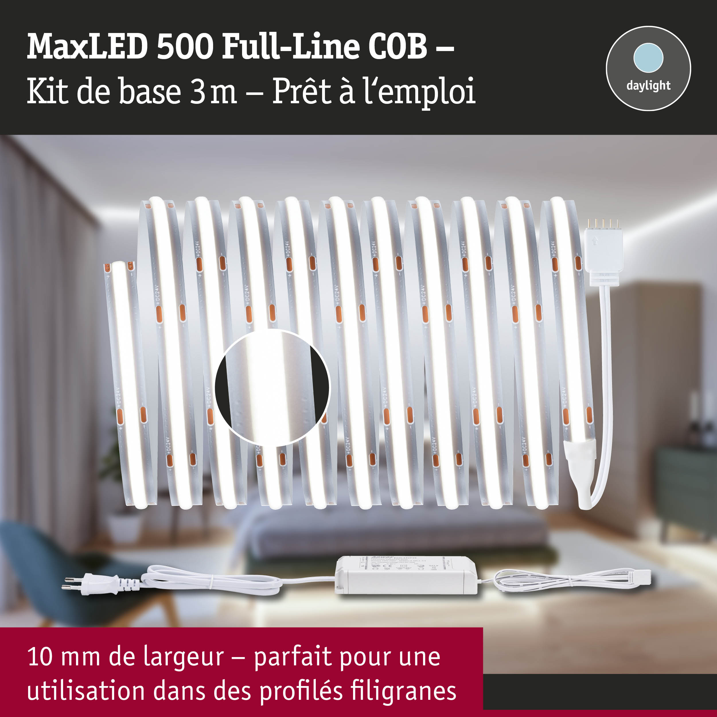Bande LED MaxLED 500 Full-Line COB 3 m avec alimentation, blanche, lumière du jour