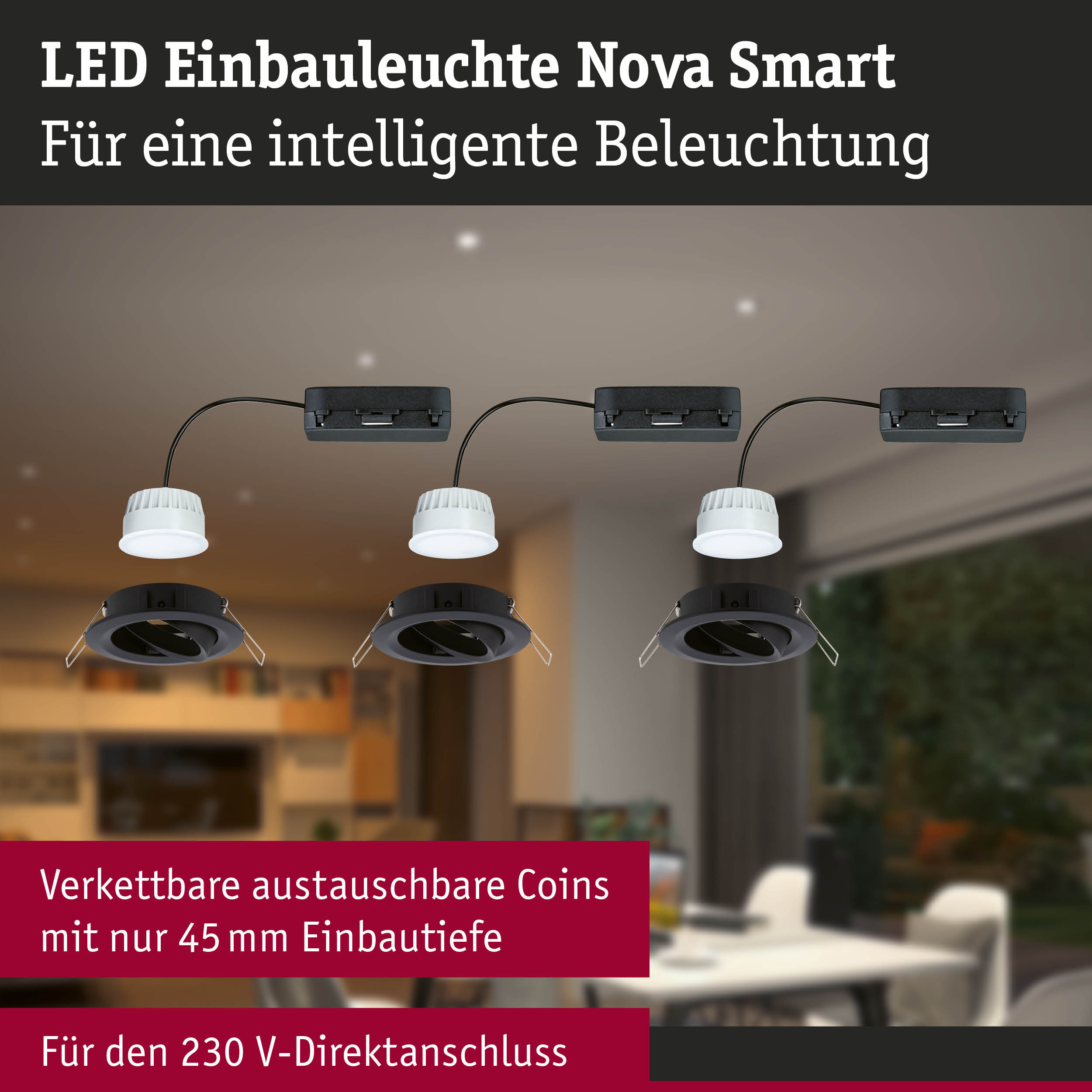 LED Einbauleuchte Nova Smart mit vernetzten austauschbaren Coins in Schwarz und Weiß für intelligente Beleuchtung