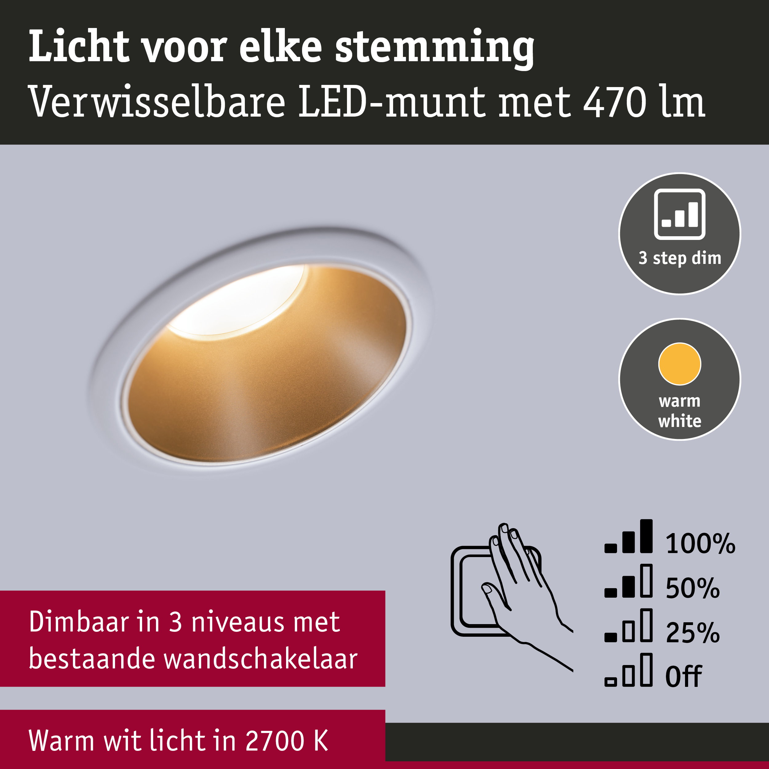 Witte LED-inbouwspot met warm wit licht 2700K en 3-traps dimfunctie voor woonverlichting