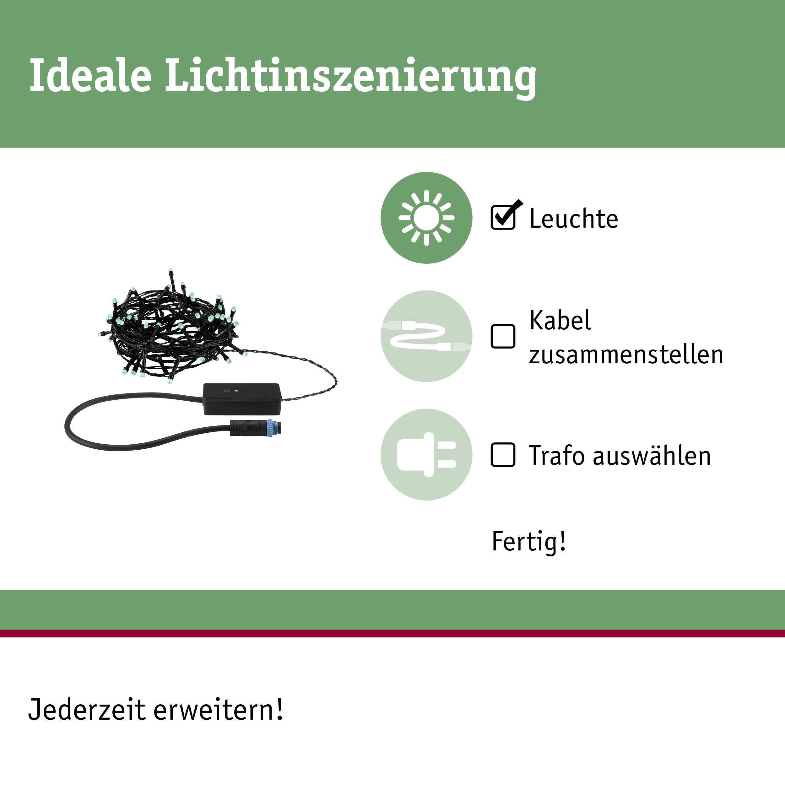 Schwarze LED-Lichterkette mit Steuerbox und Anschlusskabel für flexible Lichtinszenierung