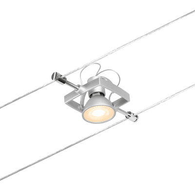 Spot LED argenté sur câble avec lumière blanc chaud et projecteur réglable pour éclairage intérieur