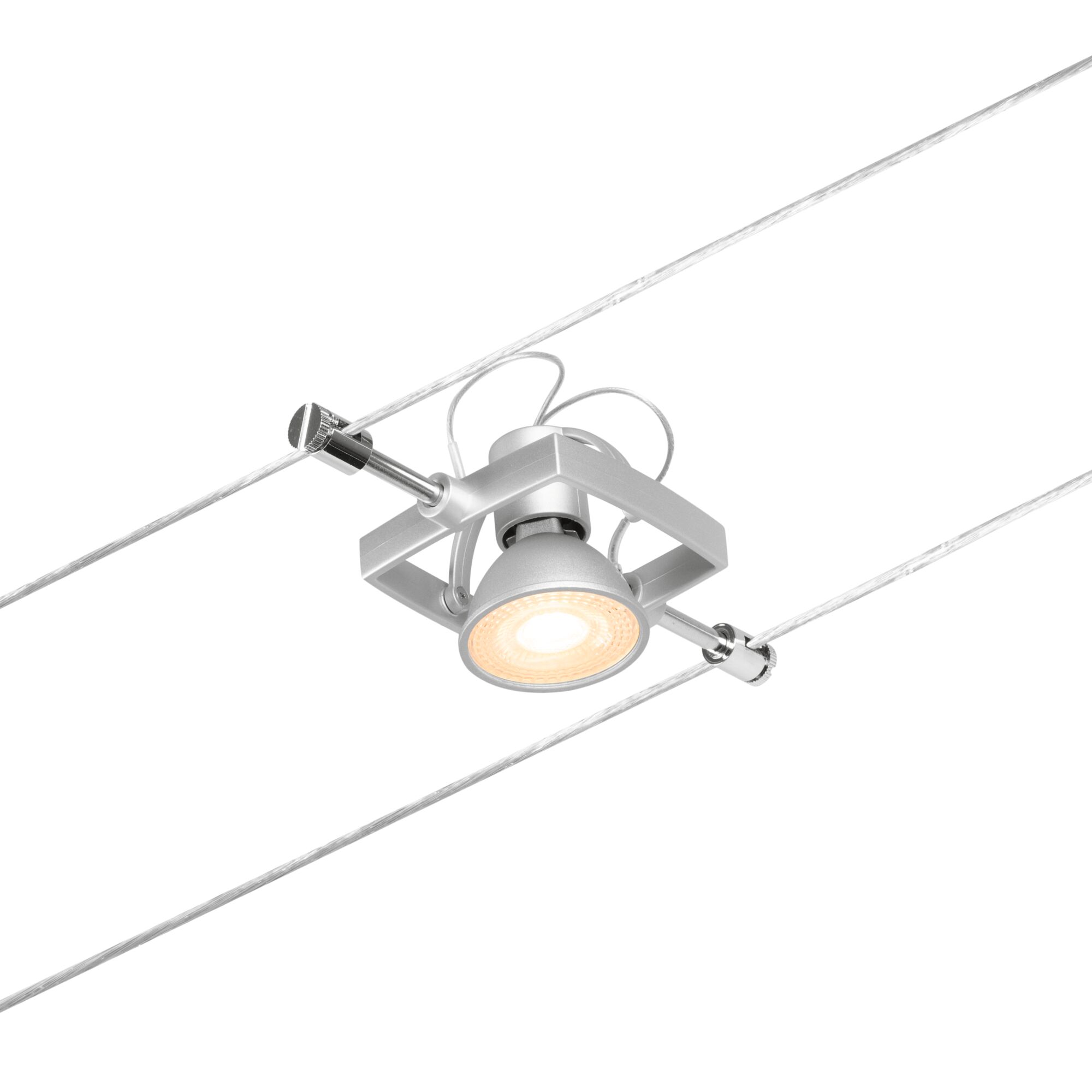Silver LED cable spotlight with warm white light and adjustable lamp for modern interior lighting