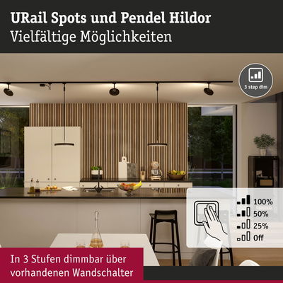 Moderne Küche mit URail Spots und Pendel Hildor in Schwarz, dimmbar in 3 Stufen über Wandschalter