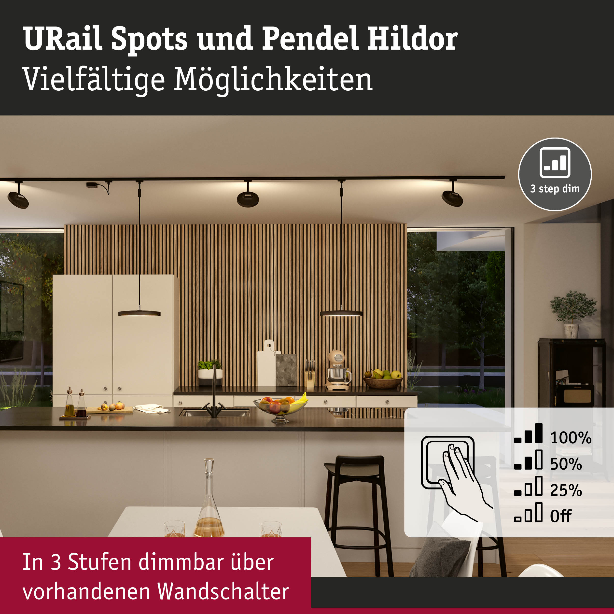 Moderne schwarze URail Spots und Pendel Hildor an Decke in Küche mit Holzpaneelen und dimmbarer Beleuchtung