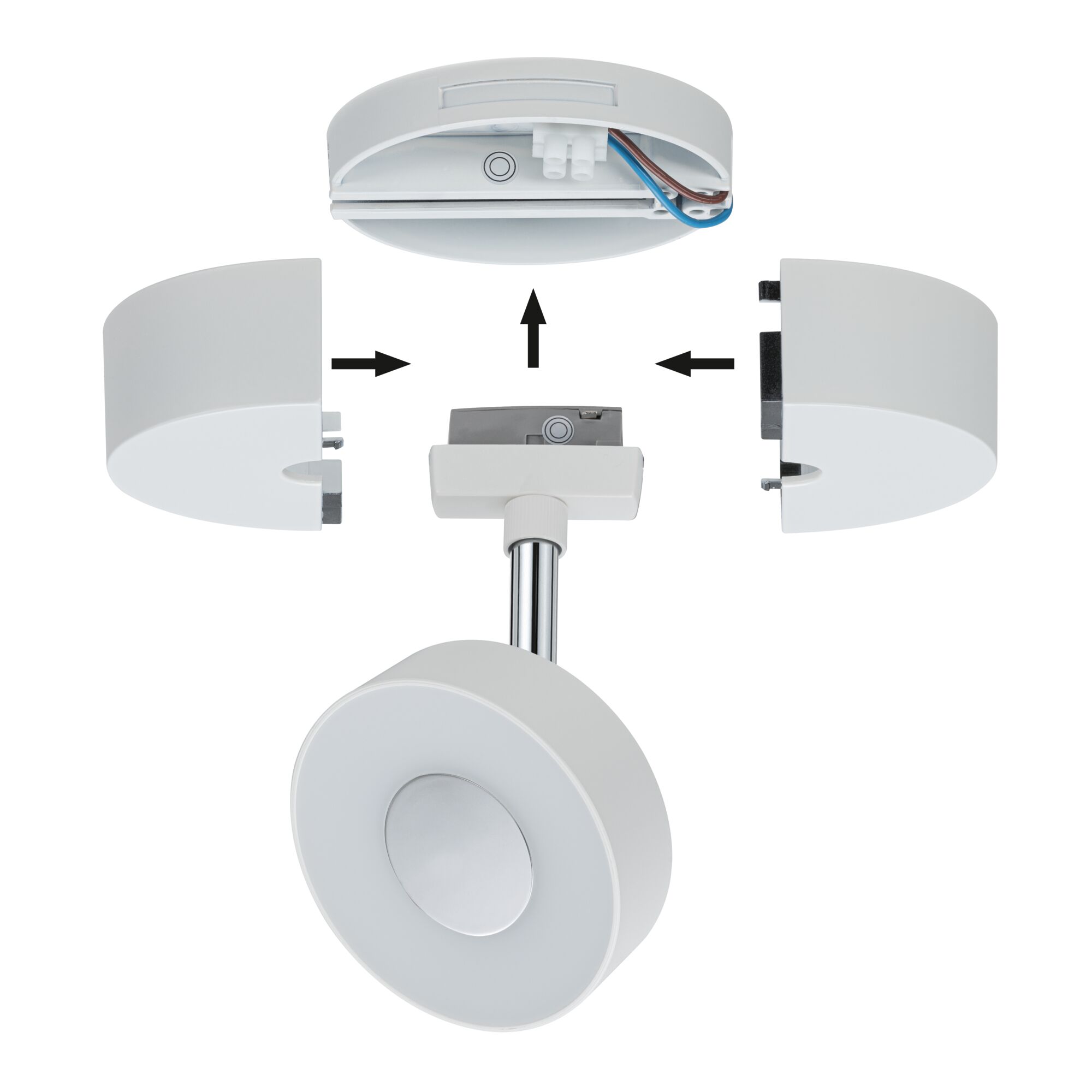 Exploded view of white LED spotlight with metal rod and removable covers for installation.