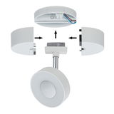Exploded view of white LED spotlight with metal rod and removable covers for installation.
