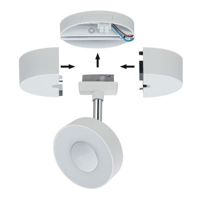 Exploded view of white LED spotlight with metal rod and removable covers for installation.