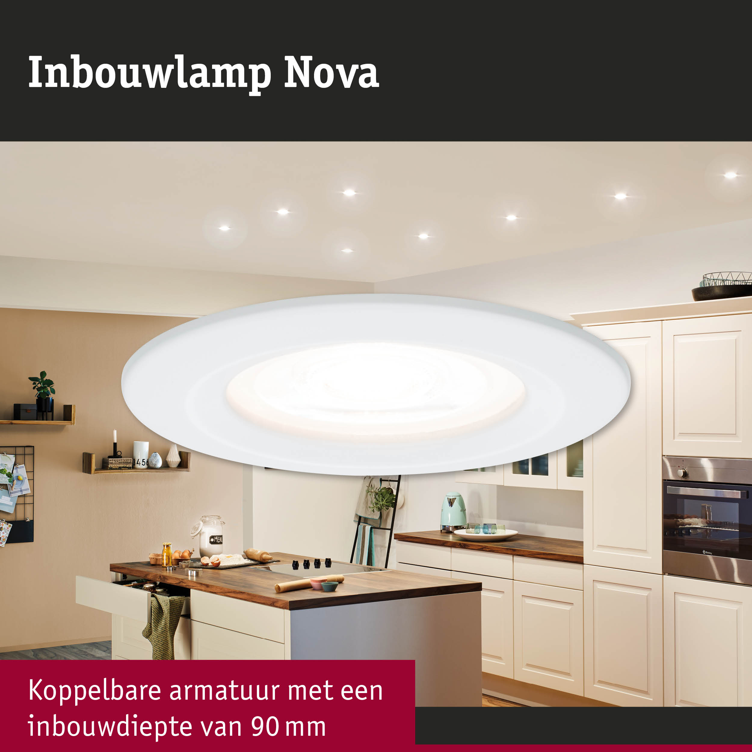 Witte inbouwlamp Nova met 90 mm inbouwdiepte in moderne keuken met houten werkblad