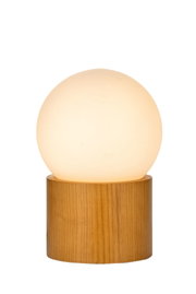 Moderne Tischlampe mit rundem Milchglas und Holzsockel in Naturfarbe für stimmungsvolle Beleuchtung