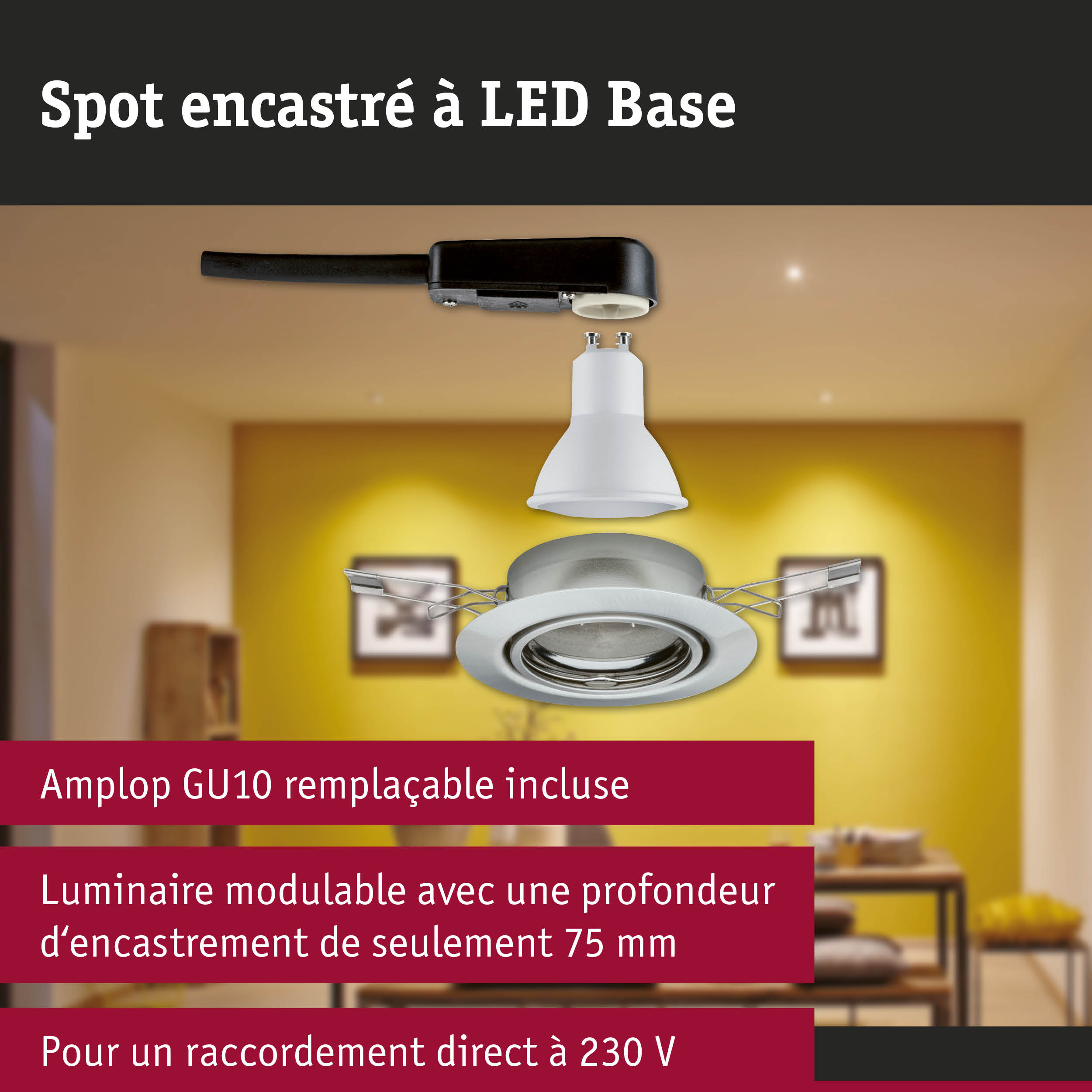 Spot encastré modulaire blanc avec base GU10 pour éclairage LED dans un salon